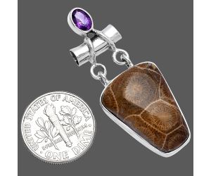 Flower Fossil Coral and Amethyst Pendant SDP145198 P-1276, 15x22 mm