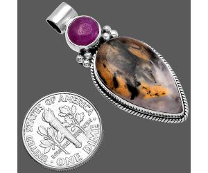 Rose Plume Agate and Ruby Pendant SDP145289 P-1121, 13x22 mm