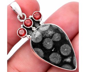 Black Flower Fossil Coral and Garnet Pendant SDP145327 P-1120, 17x26 mm