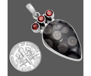 Black Flower Fossil Coral and Garnet Pendant SDP145327 P-1120, 17x26 mm