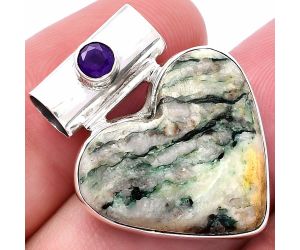Valentine Gift Heart - Tree Weed Moss Agate and Amethyst Pendant SDP145371 P-1300, 21x22 mm