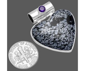Heart - Snow Flake Obsidian and Amethyst Pendant SDP145379 P-1300, 25x27 mm