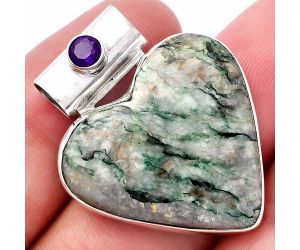 Valentine Gift Heart - Tree Weed Moss Agate and Amethyst Pendant SDP145396 P-1300, 26x26 mm