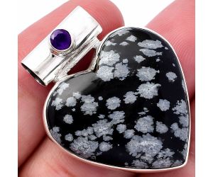 Valentine Gift Heart - Snow Flake Obsidian and Amethyst Pendant SDP145400 P-1300, 28x28 mm