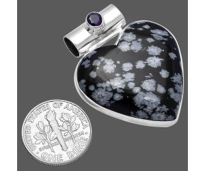 Valentine Gift Heart - Snow Flake Obsidian and Amethyst Pendant SDP145400 P-1300, 28x28 mm