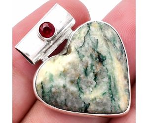 Valentine Gift Heart - Tree Weed Moss Agate and Garnet Pendant SDP145410 P-1300, 24x25 mm