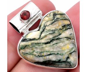 Valentine Gift Heart - Tree Weed Moss Agate and Garnet Pendant SDP145424 P-1300, 23x24 mm