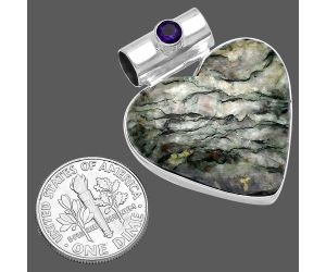 Valentine Gift Heart - Tree Weed Moss Agate and Amethyst Pendant SDP145455 P-1300, 26x28 mm