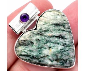 Valentine Gift Heart - Tree Weed Moss Agate and Amethyst Pendant SDP145456 P-1300, 28x29 mm