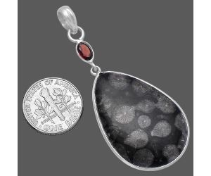 Black Flower Fossil Coral and Garnet Pendant SDP145562 P-1098, 22x33 mm