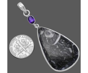Mexican Cabbing Fossil and Amethyst Pendant SDP145564 P-1098, 22x36 mm