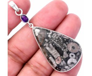 Crinoid Fossil Coral and Amethyst Pendant SDP145592 P-1098, 23x37 mm