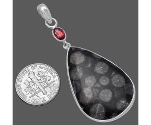 Black Flower Fossil Coral and Garnet Pendant SDP145645 P-1098, 22x33 mm