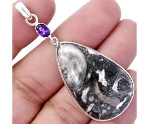Mexican Cabbing Fossil and Amethyst Pendant SDP145650 P-1098, 22x36 mm