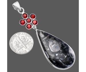 Mexican Cabbing Fossil and Garnet Pendant SDP145710 P-1122, 18x35 mm