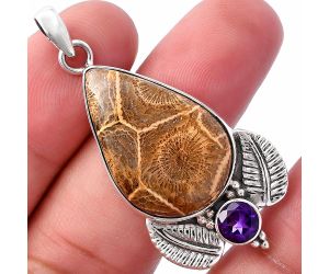 Flower Fossil Coral and Amethyst Pendant SDP145933 P-1127, 18x26 mm