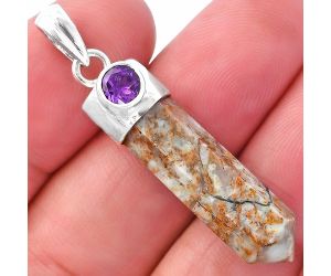 Authentic White Buffalo Turquoise Nevada Point and Amethyst Pendant SDP146197 P-1107, 7x27 mm