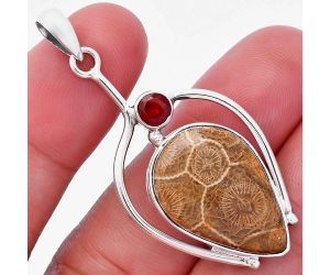Flower Fossil Coral and Garnet Pendant SDP146683 P-1250, 16x23 mm