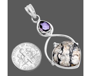 Authentic White Buffalo Turquoise Nevada and Amethyst Pendant SDP146695 P-1125, 16x16 mm