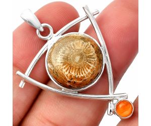 Flower Fossil Coral and Carnelian Pendant SDP146765 P-1499, 16x16 mm