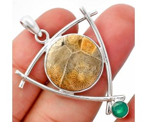 Flower Fossil Coral and Green Onyx Pendant SDP146773 P-1499, 18x18 mm