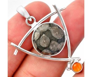 Black Flower Fossil Coral and Carnelian Pendant SDP146778 P-1499, 15x15 mm