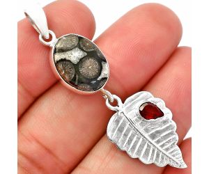 Black Flower Fossil Coral and Garnet Pendant SDP146832 P-1539, 11x15 mm