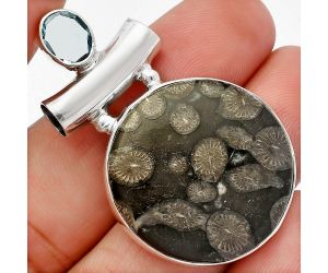 Black Flower Fossil Coral and London Blue Topaz Pendant SDP147156 P-1279, 25x25 mm