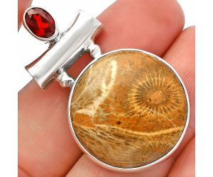 Flower Fossil Coral and Garnet Pendant SDP147160 P-1279, 22x22 mm