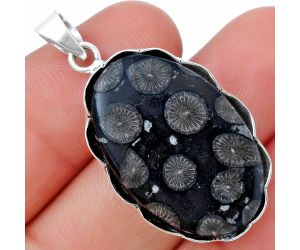 Black Flower Fossil Coral Pendant SDP147718 P-1555, 19x29 mm