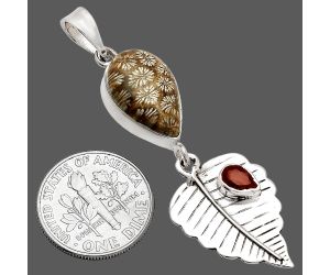Leaf - Flower Fossil Coral and Garnet Pendant SDP148222 P-1539, 10x16 mm