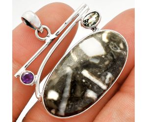 Mexican Cabbing Fossil and Sky Blue Topaz & Amethyst Pendant SDP148387 P-1286, 17x32 mm