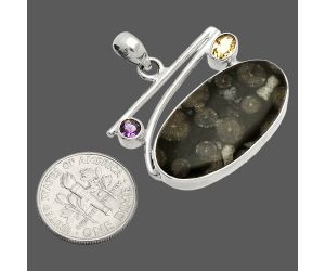 Black Flower Fossil Coral and Citrine & Amethyst Pendant SDP148390 P-1286, 15x29 mm