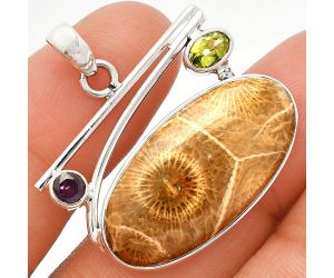 Flower Fossil Coral and Peridot & Amethyst Pendant SDP148396 P-1286, 15x29 mm