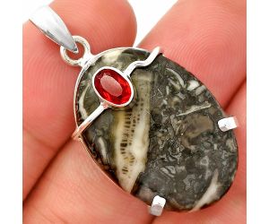Mexican Cabbing Fossil and Garnet Pendant SDP148472 P-1386, 19x27 mm