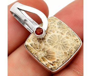 Flower Fossil Coral and Garnet Pendant SDP148850 P-1251, 16x16 mm