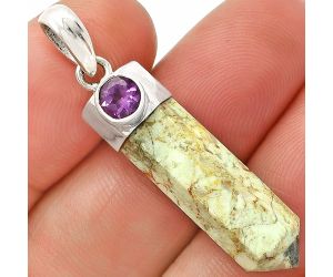 Point - Authentic White Buffalo Turquoise Nevada and Amethyst Pendant SDP149076 P-1107, 8x26 mm
