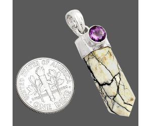 Point - Authentic White Buffalo Turquoise Nevada and Amethyst Pendant SDP149077 P-1107, 8x24 mm