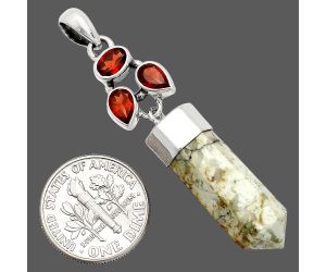 Authentic White Buffalo Turquoise Nevada and Garnet Point Pendant SDP149571 P-1307, 8x24 mm