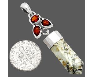 Authentic White Buffalo Turquoise Nevada and Garnet Point Pendant SDP149573 P-1307, 8x24 mm