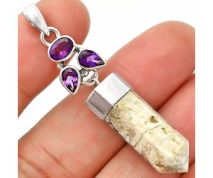 Authentic White Buffalo Turquoise Nevada and Amethyst Point Pendant SDP149575 P-1307, 9x24 mm