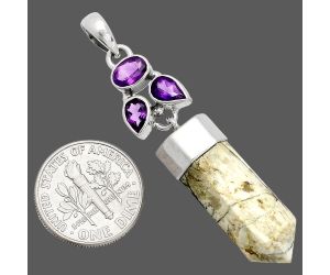 Authentic White Buffalo Turquoise Nevada and Amethyst Point Pendant SDP149575 P-1307, 9x24 mm
