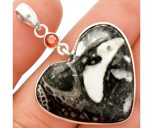 Heart - Mexican Cabbing Fossil and Garnet Pendant SDP150138 P-1098, 27x29 mm