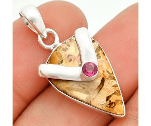 Palm Root Fossil Agate and Amethyst Pendant SDP150744 P-1735, 14x21 mm