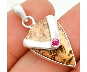 Palm Root Fossil Agate and Ruby Pendant SDP150756 P-1735, 13x21 mm