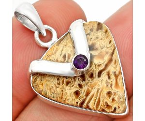 Palm Root Fossil Agate and Amethyst Pendant SDP150843 P-1735, 20x21 mm