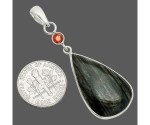 Silver Leaf Obsidian and Garnet Pendant SDP150914 P-1098, 16x26 mm