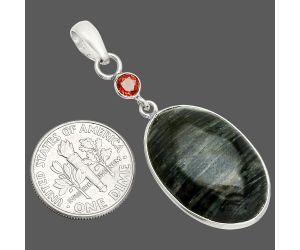 Silver Leaf Obsidian and Garnet Pendant SDP150920 P-1098, 16x24 mm