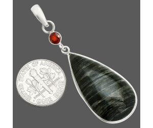Silver Leaf Obsidian and Garnet Pendant SDP150929 P-1098, 16x29 mm