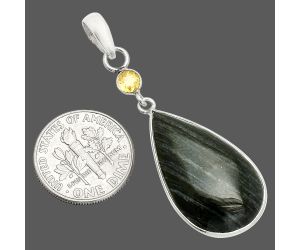 Silver Leaf Obsidian and Citrine Pendant SDP150942 P-1098, 16x25 mm